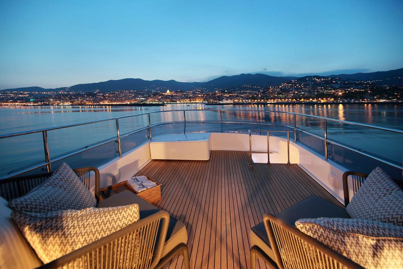 a deck overlooking a city aboard LADY SOUL Yacht for Sale
