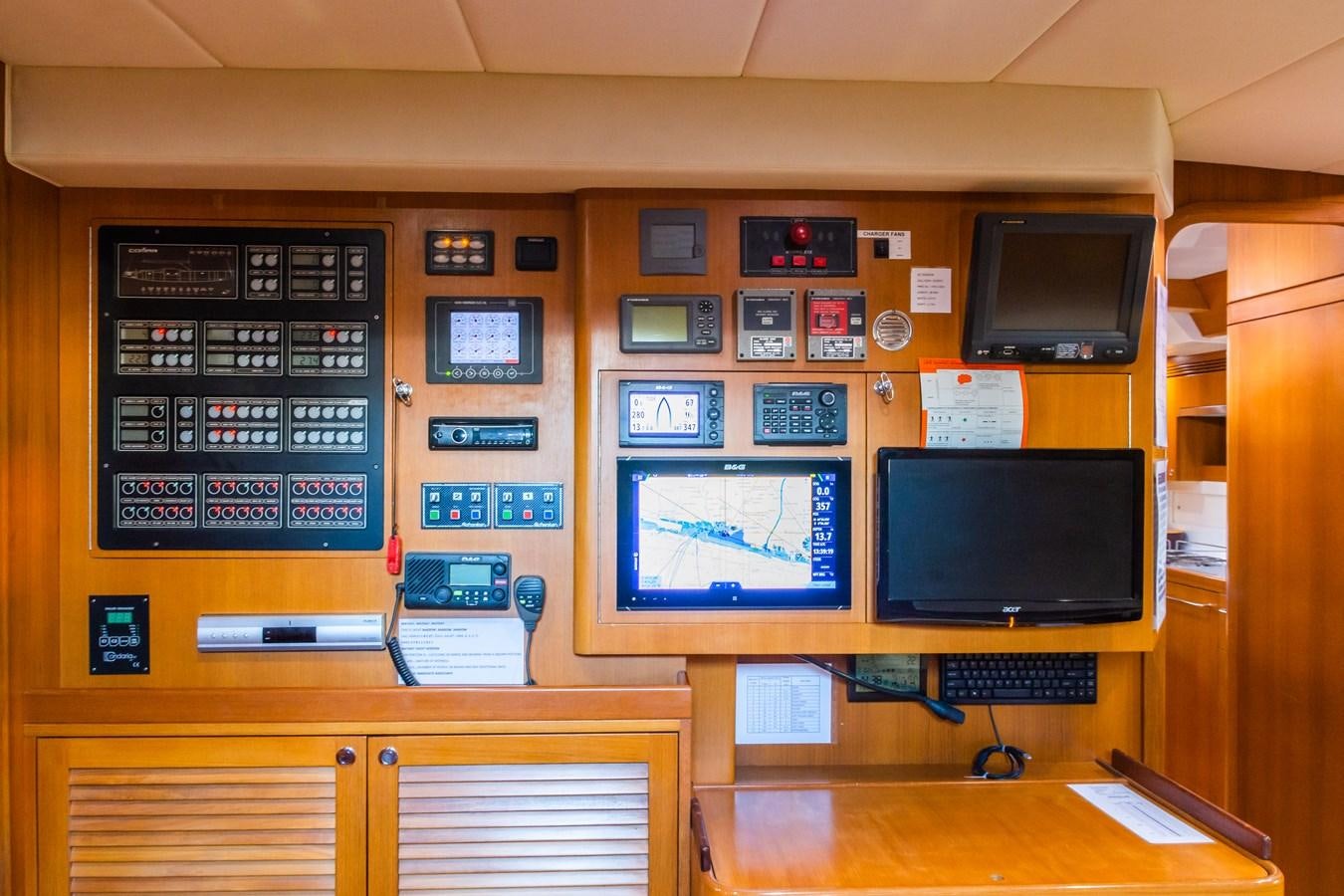 a computer desk with a monitor and a television on it aboard SHADOW Yacht for Sale