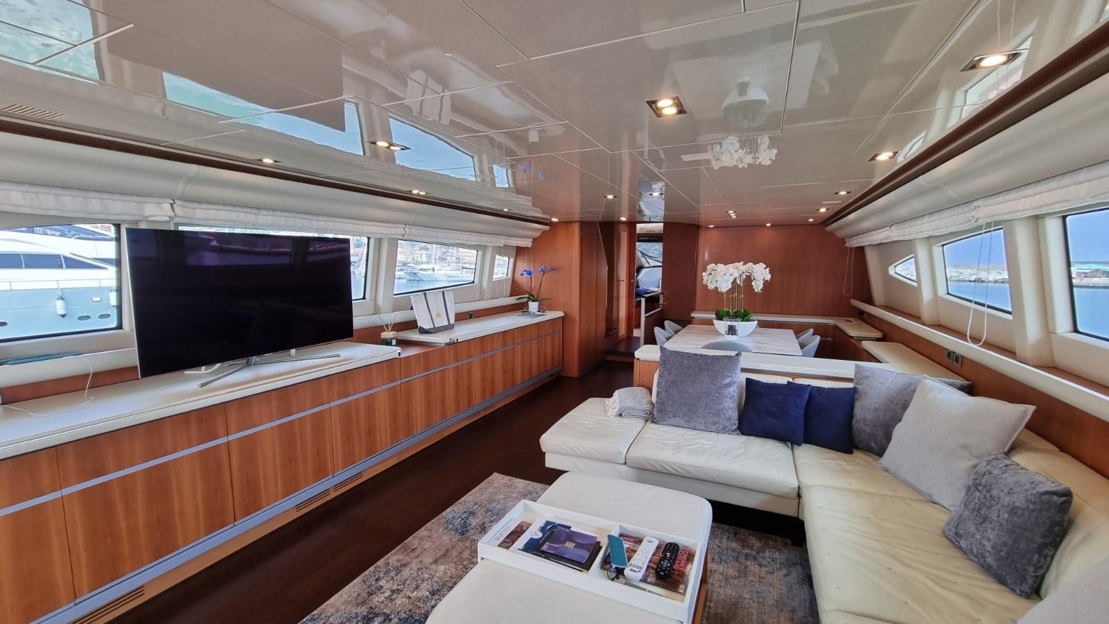 a living room with a large television aboard FTS2 Yacht for Sale