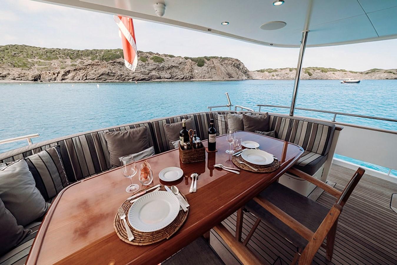 a table with plates and glasses on it next to a body of water aboard LAS NINAS Yacht for Sale