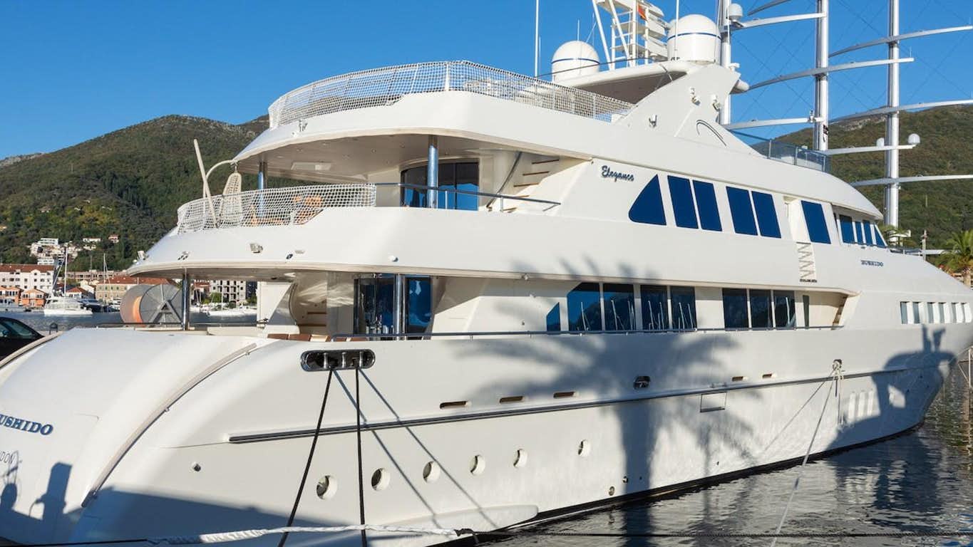 a large white boat in a body of water aboard BUSHIDO Yacht for Sale