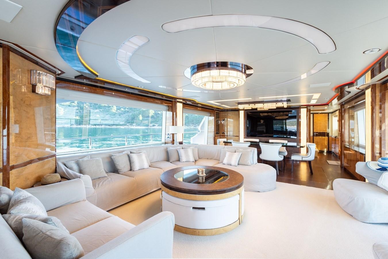 a living room with a large glass ceiling aboard VARVARA Yacht for Sale