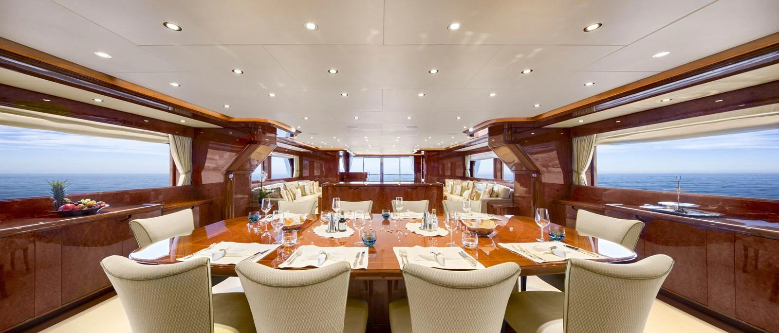 a large room with tables and chairs aboard BARON TRENCK Yacht for Charter