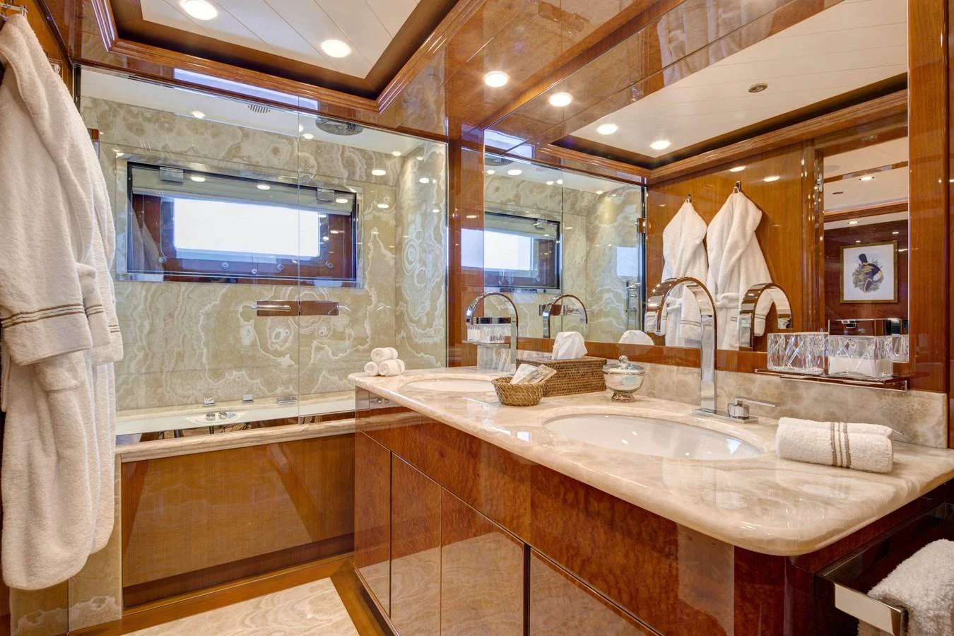 a bathroom with a large mirror aboard BARON TRENCK Yacht for Charter