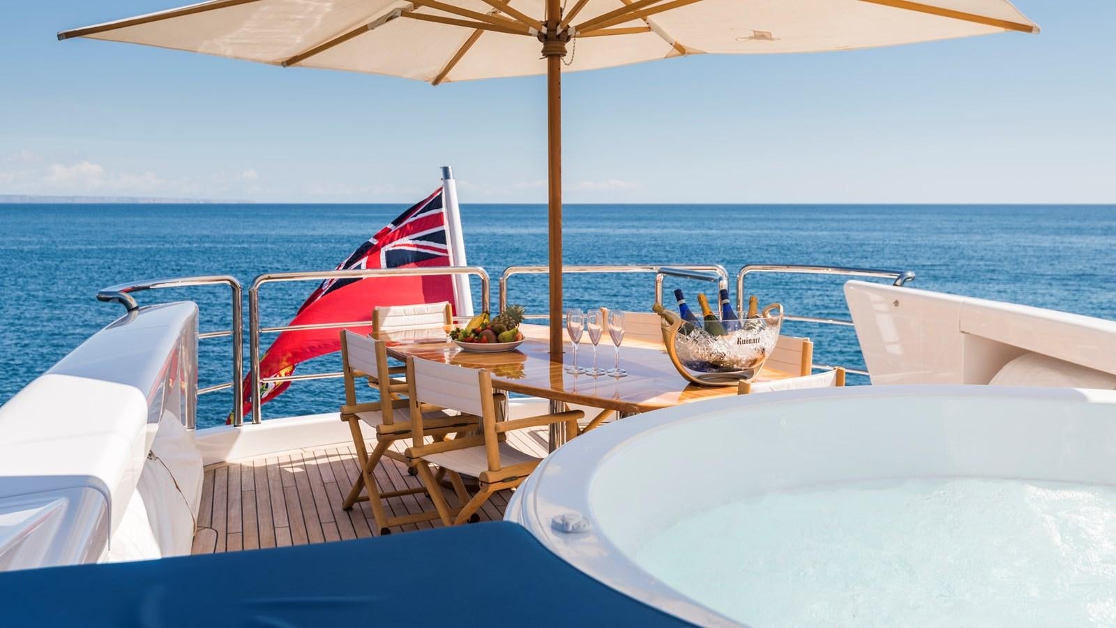 a table with chairs and umbrella on a boat aboard BENITA BLUE Yacht for Charter