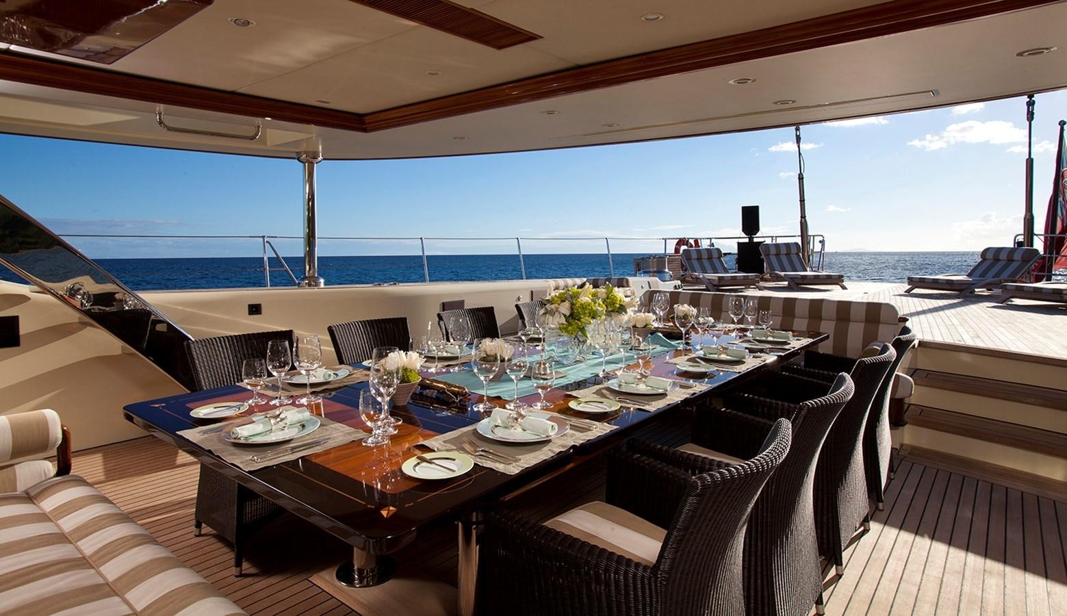 a table set for a meal on a deck aboard TIARA II Yacht for Sale