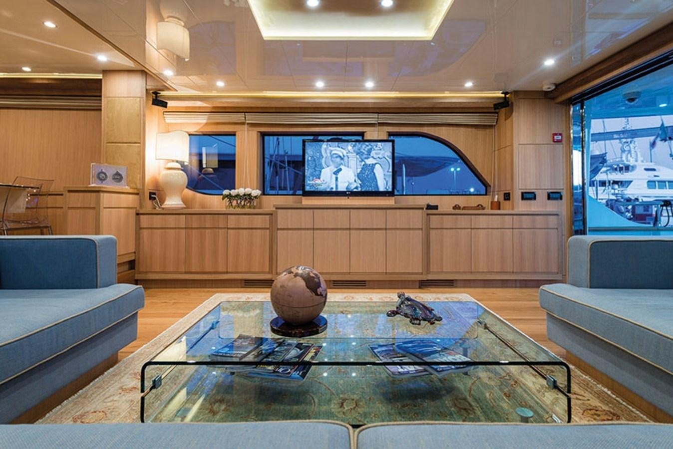 a living room with a large screen aboard UNICA Yacht for Sale