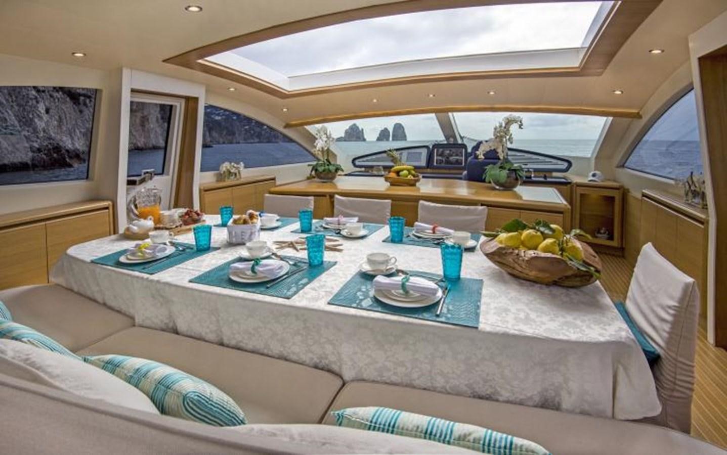 a large table with plates and food on it aboard FB Yacht for Sale