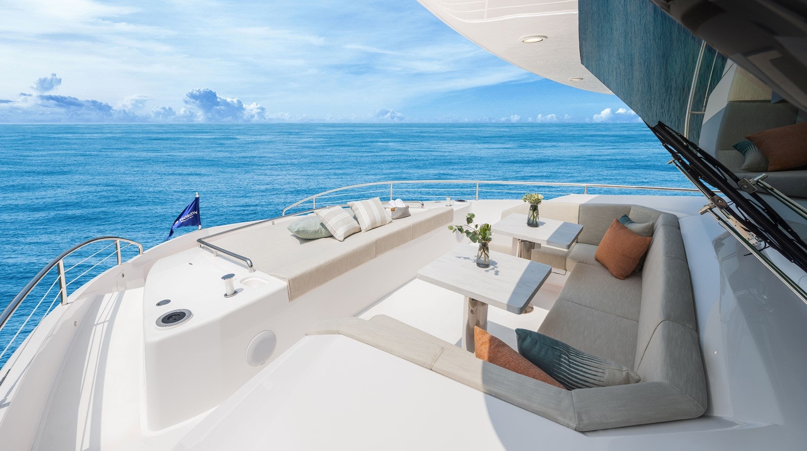 a white boat with a white tablecloth and a white chair on it aboard FD80 608 Yacht for Sale