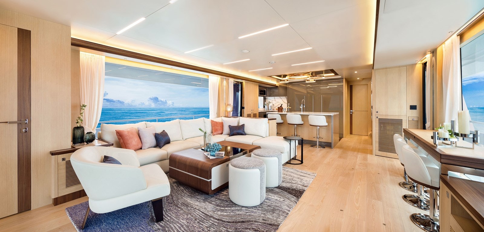 a living room with a large window aboard FD80 608 Yacht for Sale