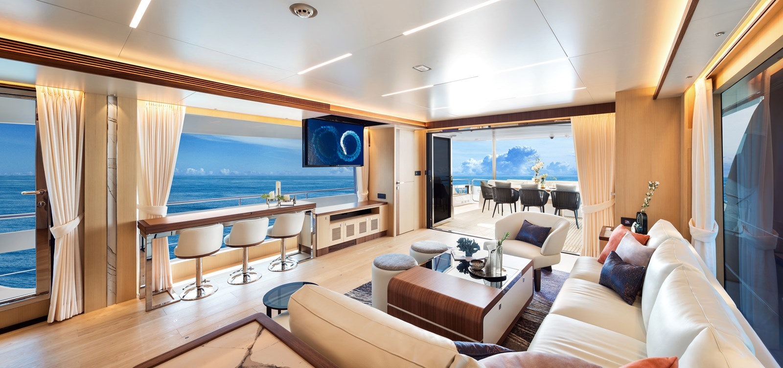 a room with a large window and a pool table aboard FD80 608 Yacht for Sale