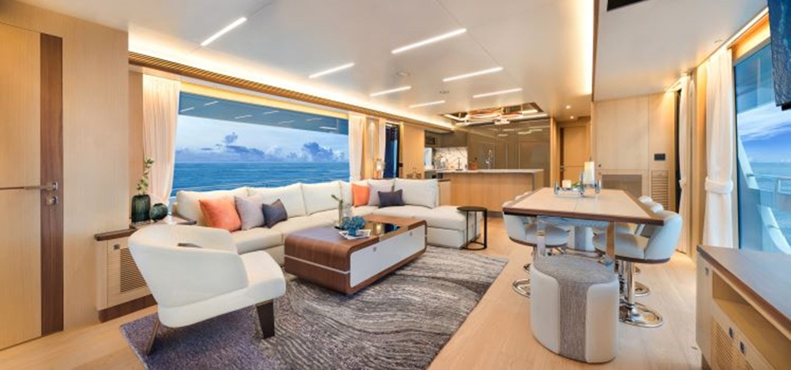 a living room with a couch and a table aboard FD80 608 Yacht for Sale