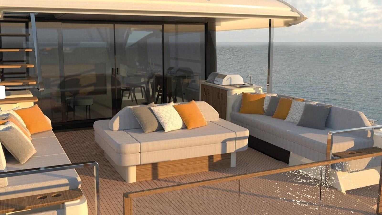 a living room with a large body of water aboard 2022 PRESTIGE X70 #09 Yacht for Sale