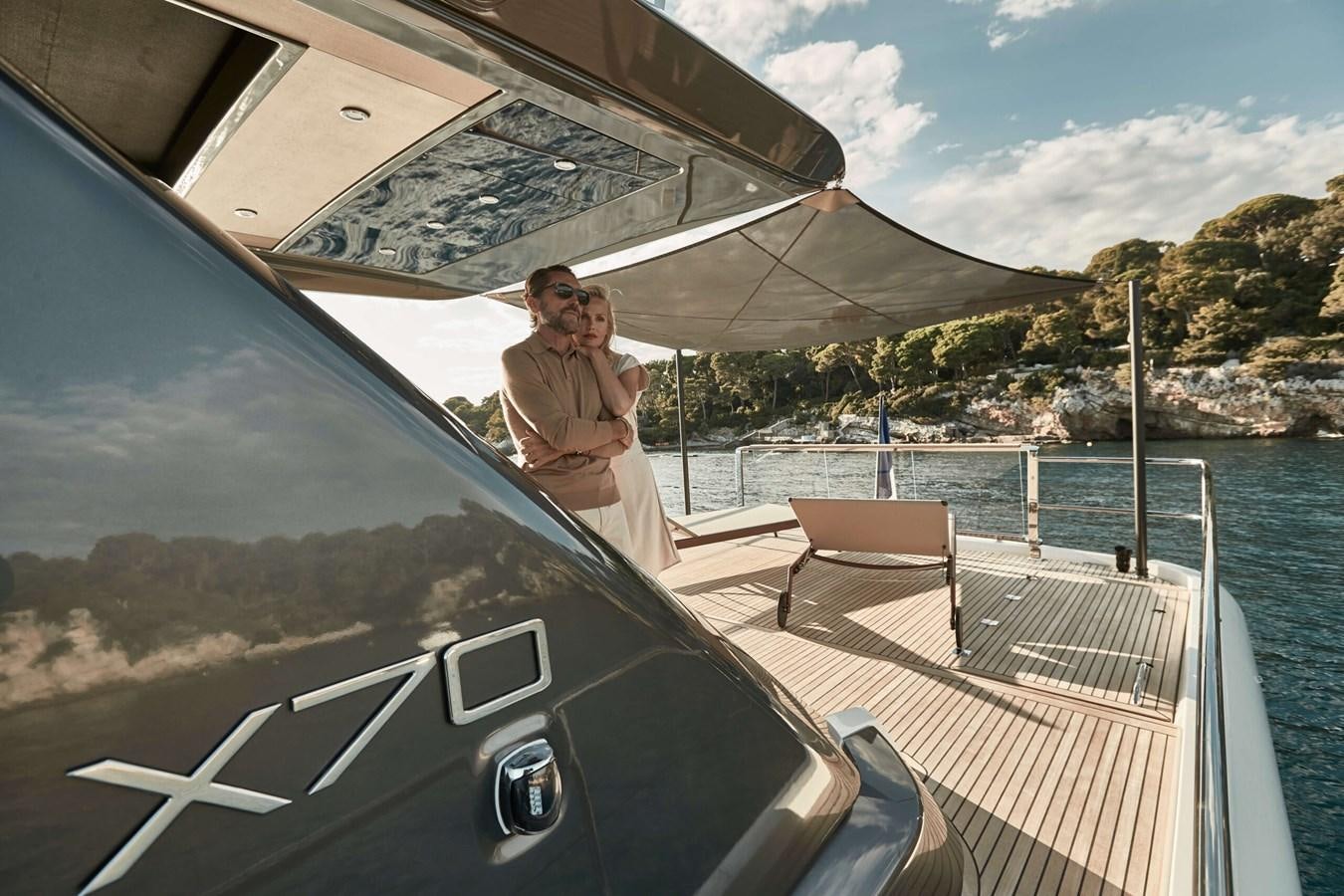 a person standing on a boat aboard 2022 PRESTIGE X70 #09 Yacht for Sale