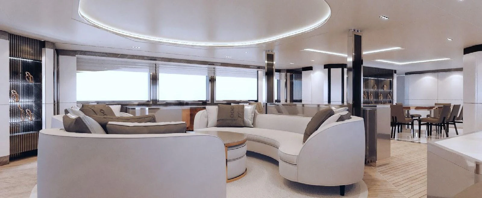 a large living room with a large white couch and a large window aboard PROJECT MIRAGE 402 Yacht for Sale