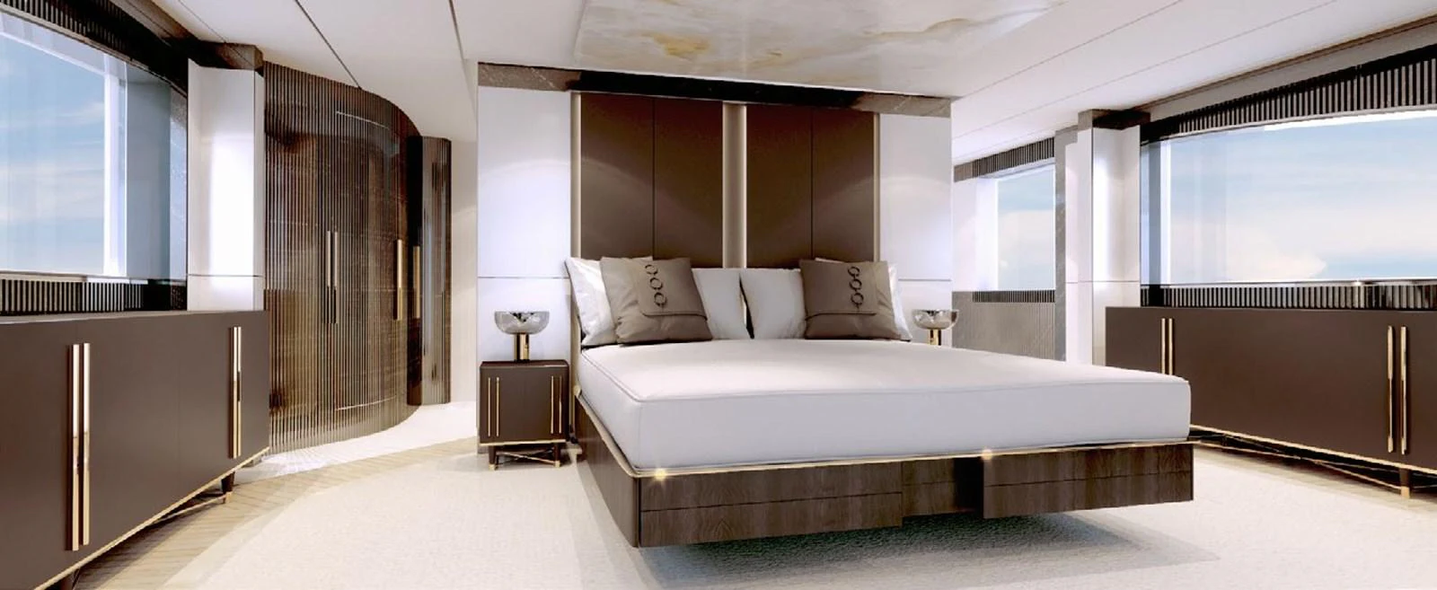 a large room with a bed and a desk aboard PROJECT MIRAGE 402 Yacht for Sale