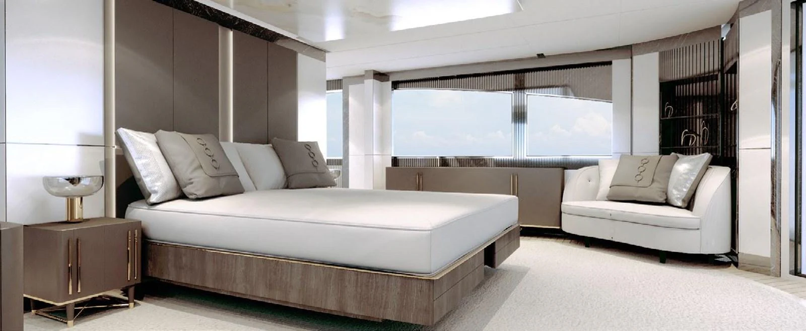 a room with a bed and a desk aboard PROJECT MIRAGE 402 Yacht for Sale