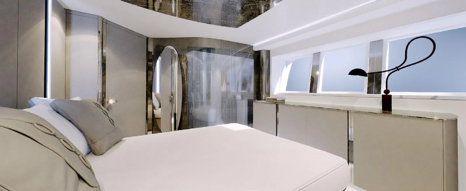a bed with a white sheet aboard PROJECT MIRAGE 402 Yacht for Sale