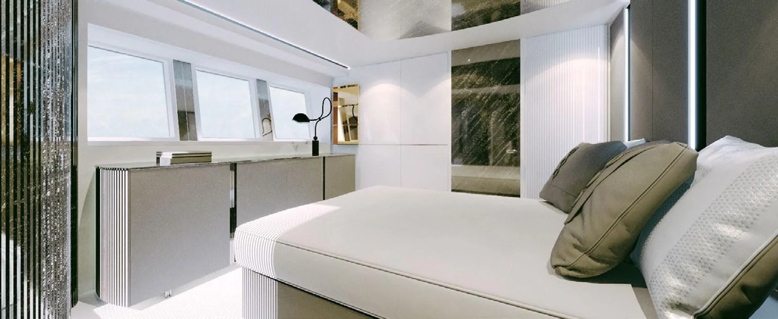 a room with a bed and a desk aboard PROJECT MIRAGE 402 Yacht for Sale