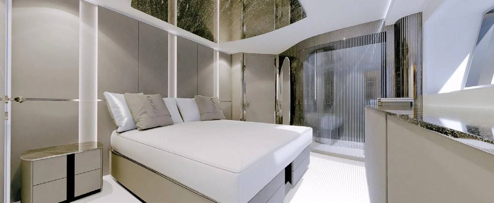 a room with a bed and a window aboard PROJECT MIRAGE 402 Yacht for Sale