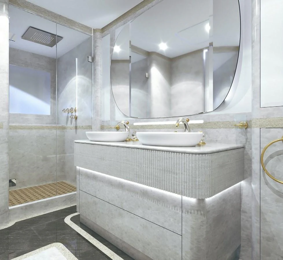a bathroom with a large mirror aboard PROJECT MIRAGE 402 Yacht for Sale