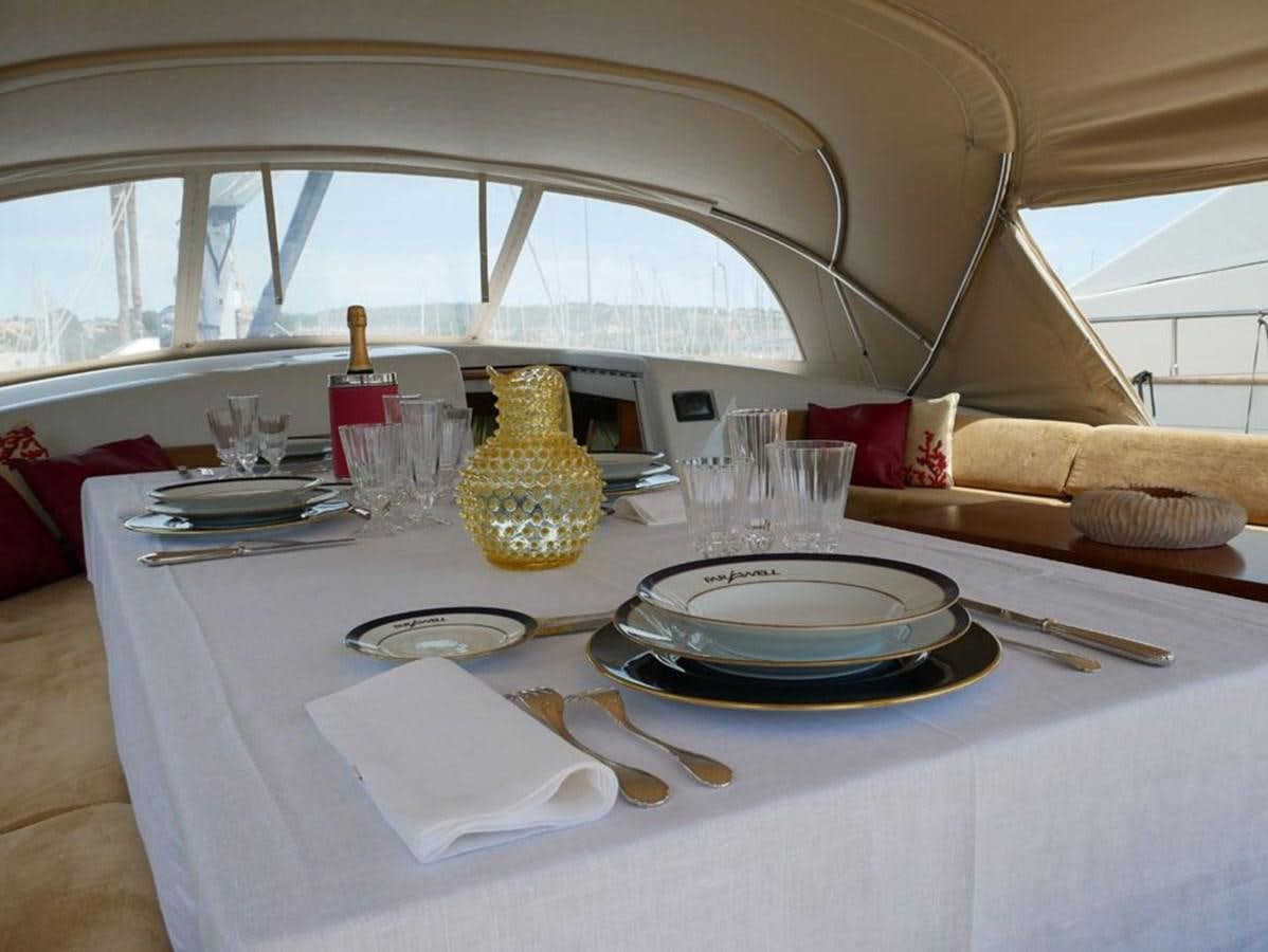 a table with plates and glasses aboard STARFALL Yacht for Sale