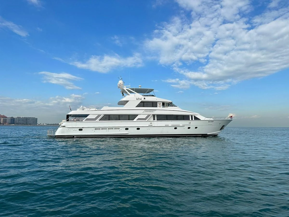 a white yacht in the water aboard WILDE WHALE Yacht for Sale