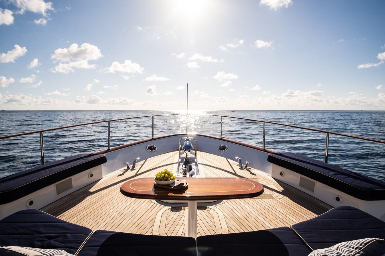 a deck with a table and a view of the ocean aboard FORTUNA Yacht for Sale