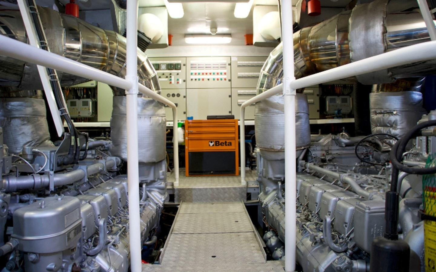 a room with several pipes aboard PAB Yacht for Sale