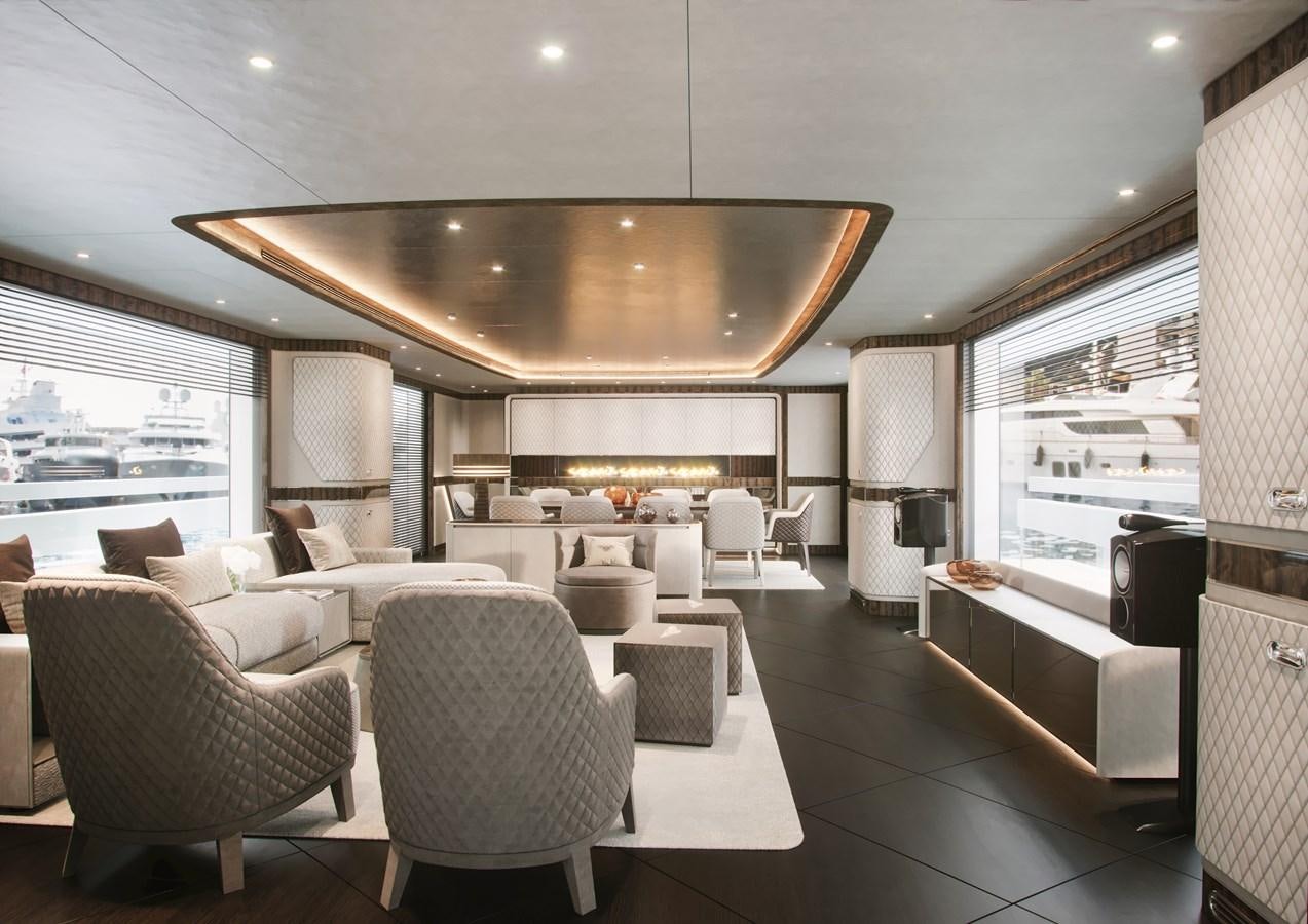 a large living room with a large open floor plan aboard DYNAMIQ GLOBAL 400 Yacht for Sale