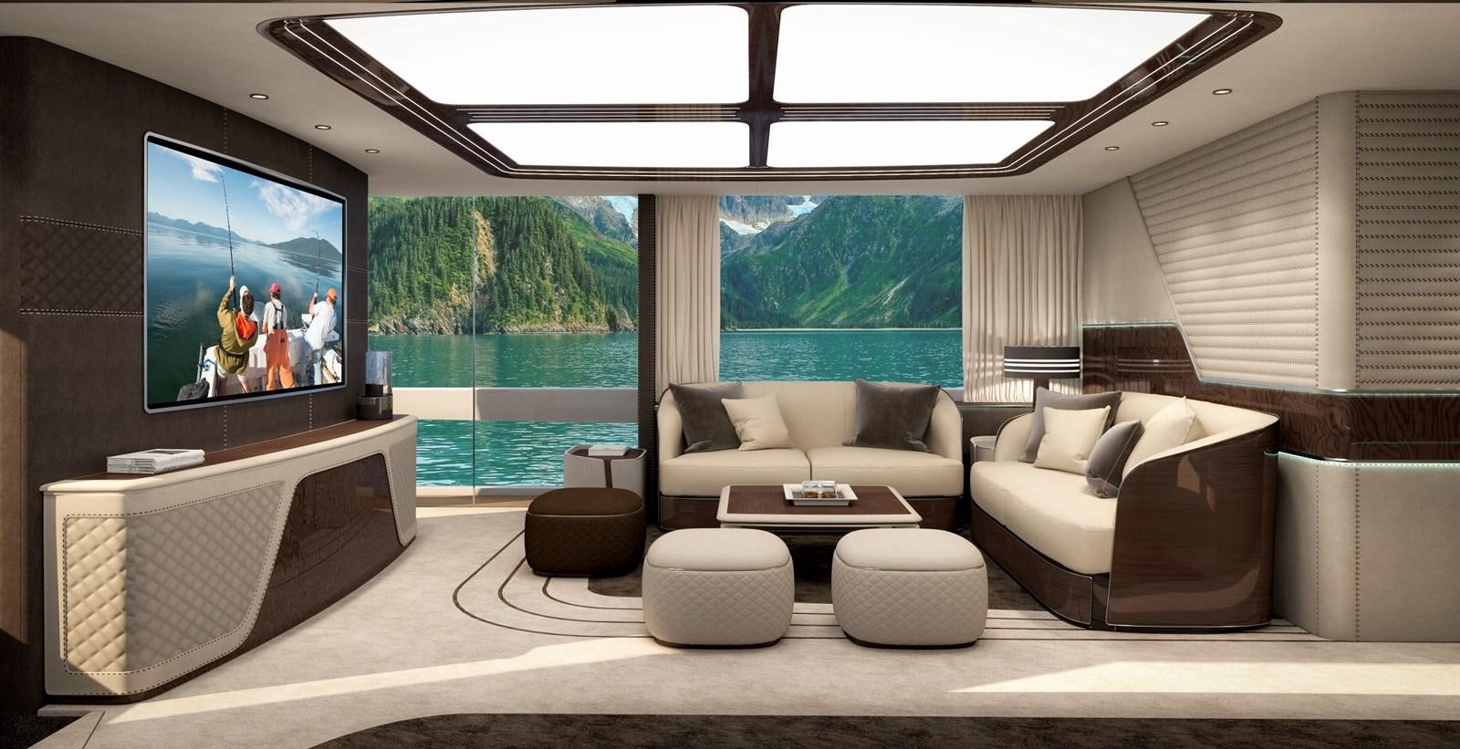 a living room with a large screen aboard DYNAMIQ GTM 90 SPORTFISHER Yacht for Sale