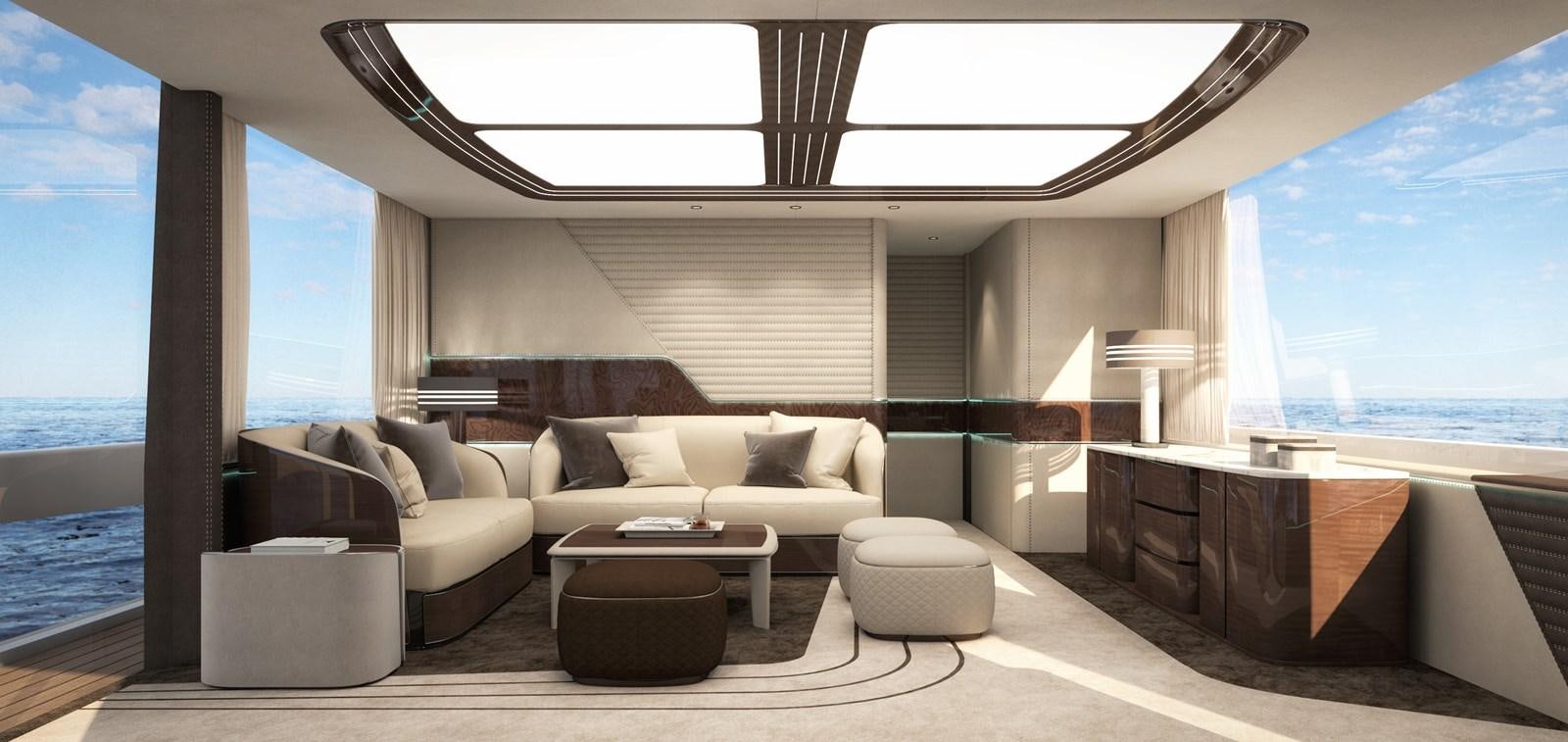 a living room with a large window aboard DYNAMIQ GTM 90 TRANSFORMER Yacht for Sale