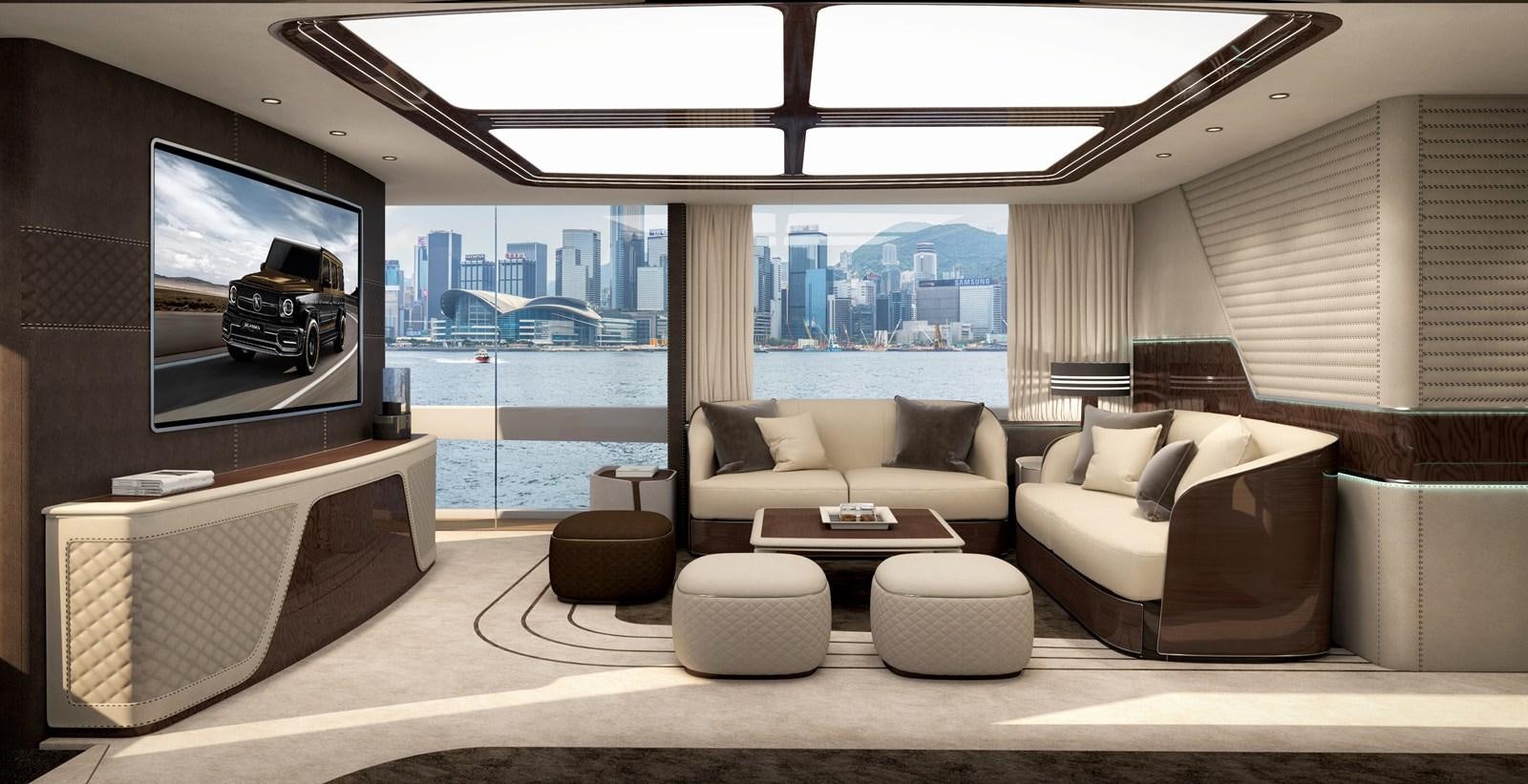 a living room with a large window aboard DYNAMIQ GTM 90 TRANSFORMER Yacht for Sale