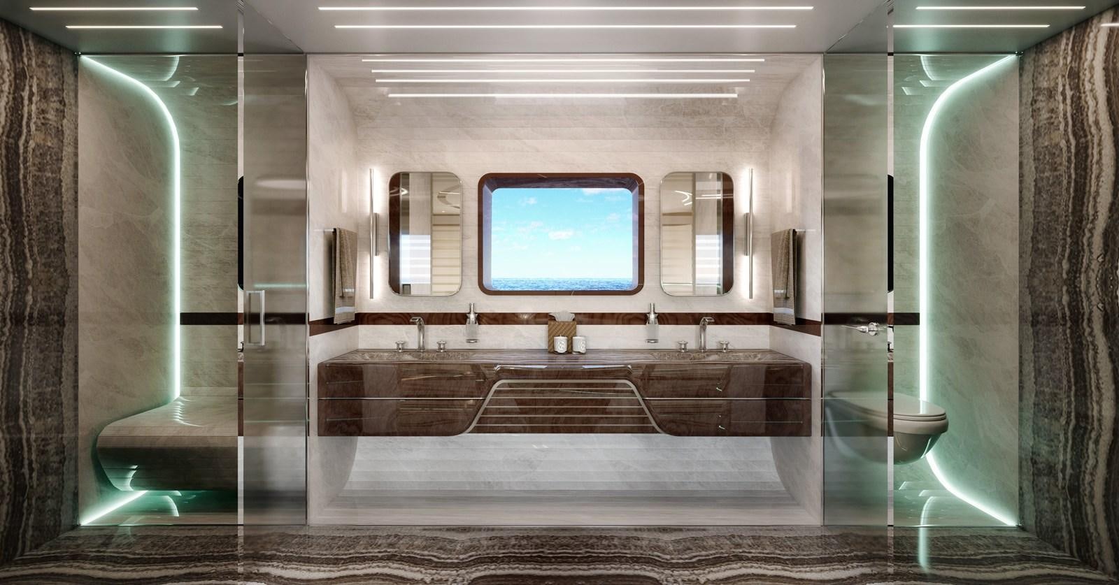 a bathroom with a large mirror aboard DYNAMIQ GTM 90 TRANSFORMER Yacht for Sale