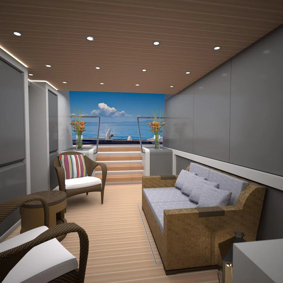 a living room with a large window aboard BURGER 120 Yacht for Sale