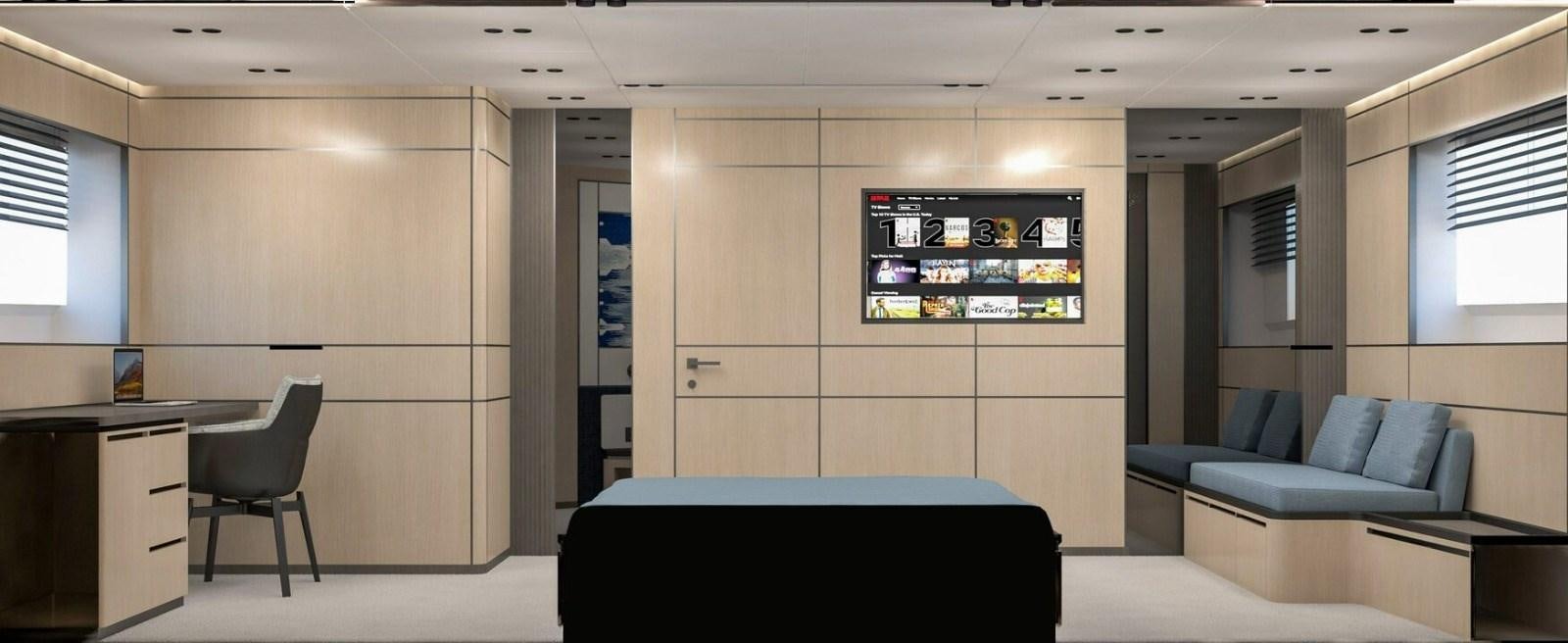 a room with a couch and a tv aboard 2022 MENGI YAY  Yacht for Sale