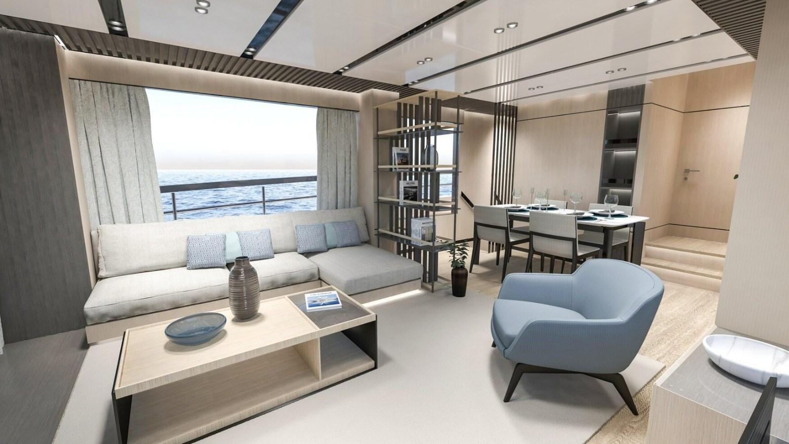 a living room with a couch and a table aboard 2022 MENGI YAY  Yacht for Sale