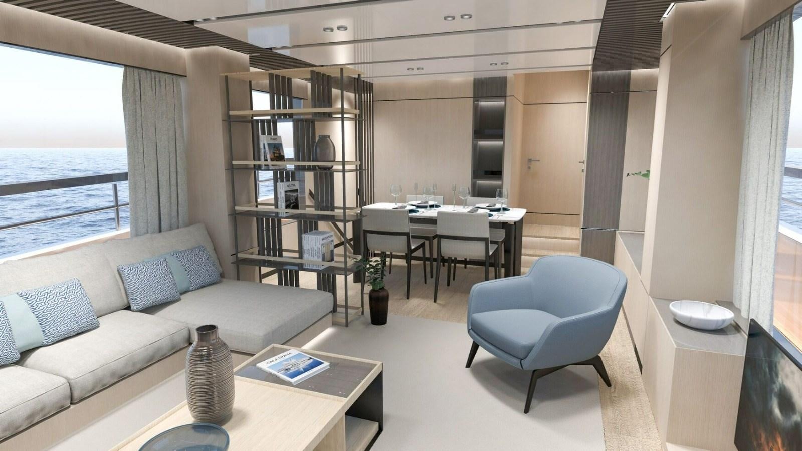 a living room with a couch and a table aboard 2022 MENGI YAY  Yacht for Sale