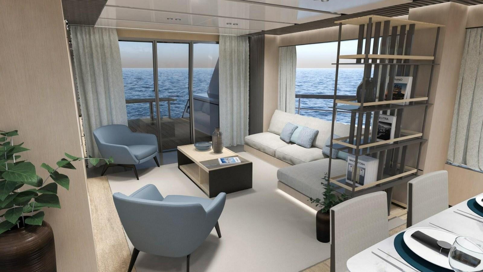 a room with a couch and a table and a window aboard 2022 MENGI YAY  Yacht for Sale