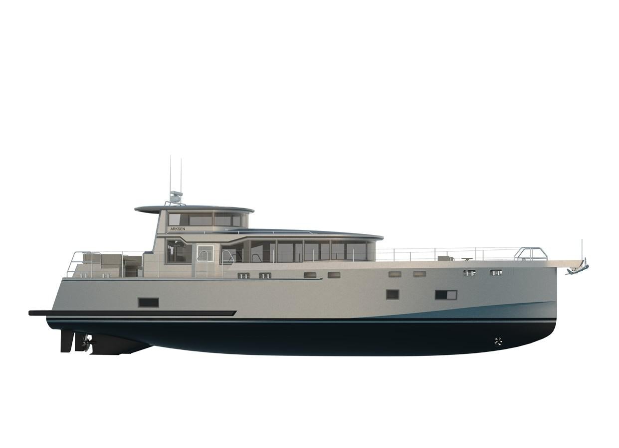a white boat on a white background aboard ARKSEN 65 Yacht for Sale