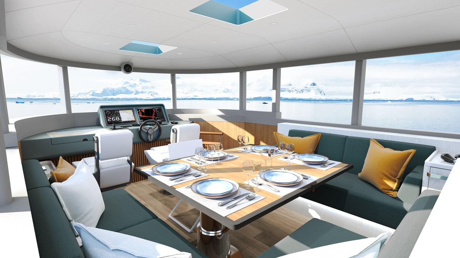 a table with plates and chairs aboard ARKSEN 65 Yacht for Sale