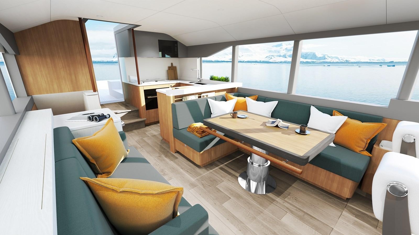 a living room with a large window aboard ARKSEN 65 Yacht for Sale