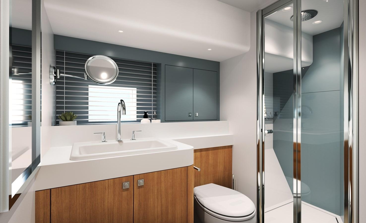 a bathroom with a glass shower aboard ARKSEN 65 Yacht for Sale