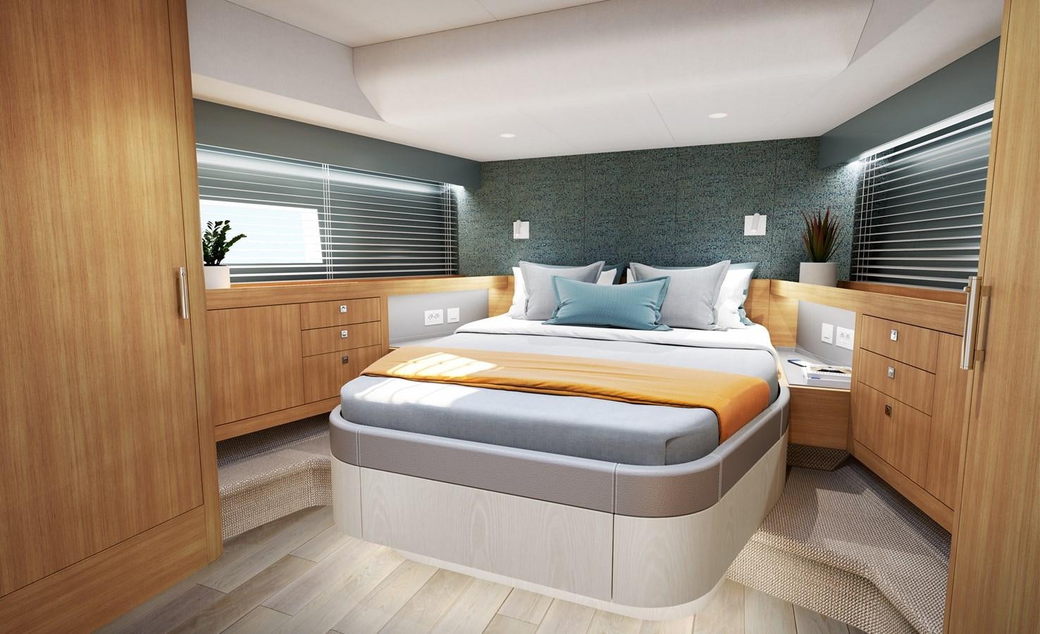 a bed in a room aboard ARKSEN 65 Yacht for Sale