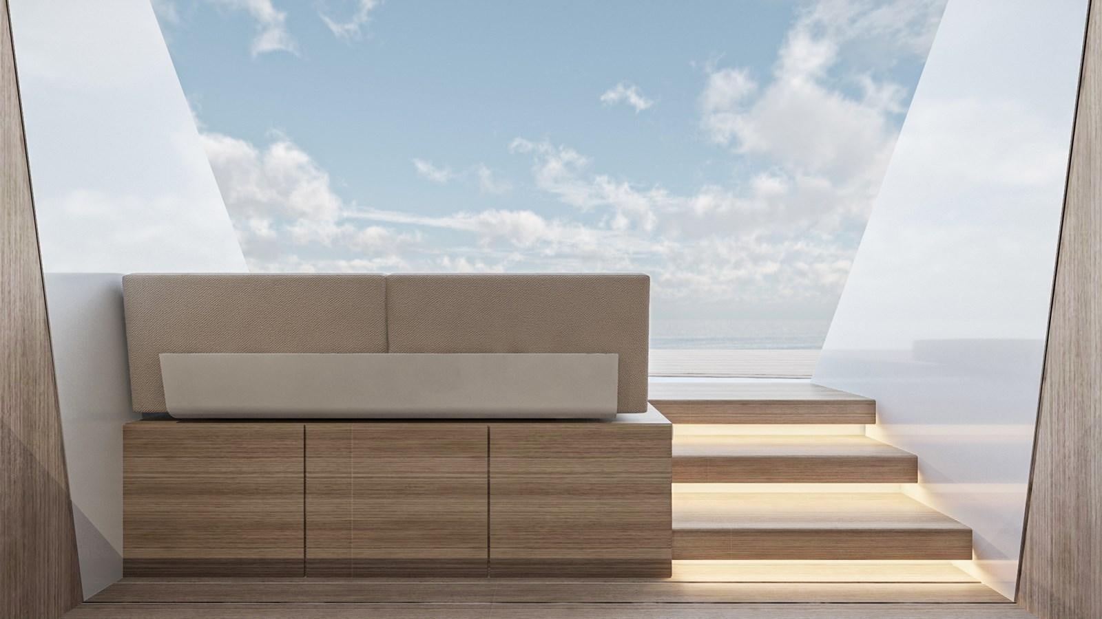 a room with a wood floor and a window with a view of the sky aboard CONRAD C144S HULL #4 Yacht for Sale