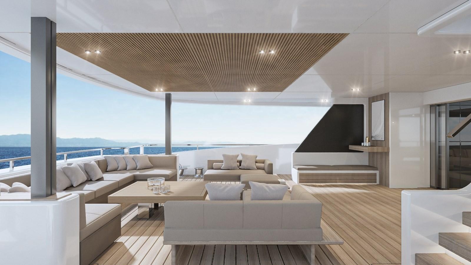 a living room with a large window aboard CONRAD C144S HULL #4 Yacht for Sale