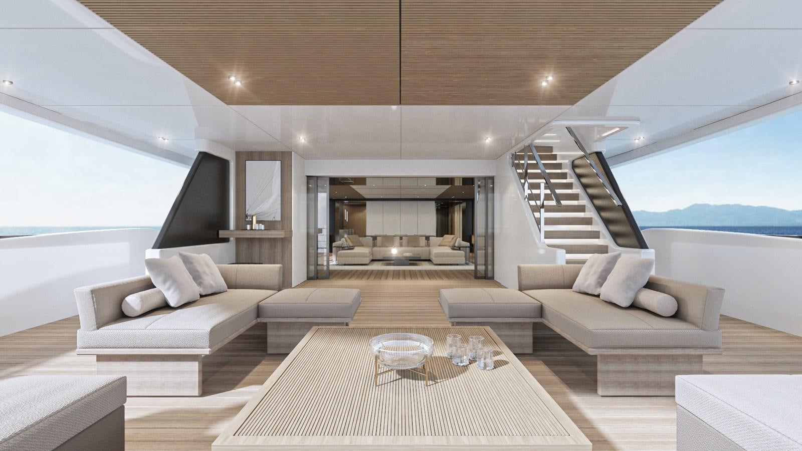 a living room with a large open door aboard CONRAD C144S HULL #4 Yacht for Sale