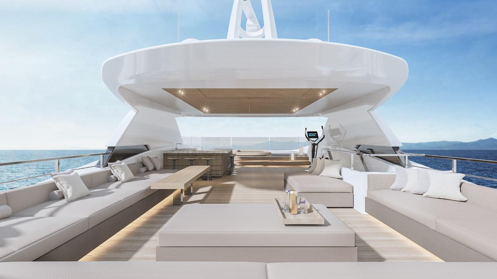 a white space ship on a deck aboard CONRAD C144S HULL #4 Yacht for Sale