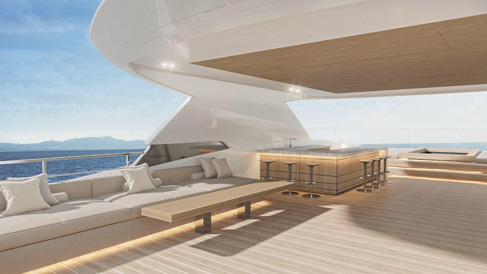a room with a view of the ocean and a deck aboard CONRAD C144S HULL #4 Yacht for Sale