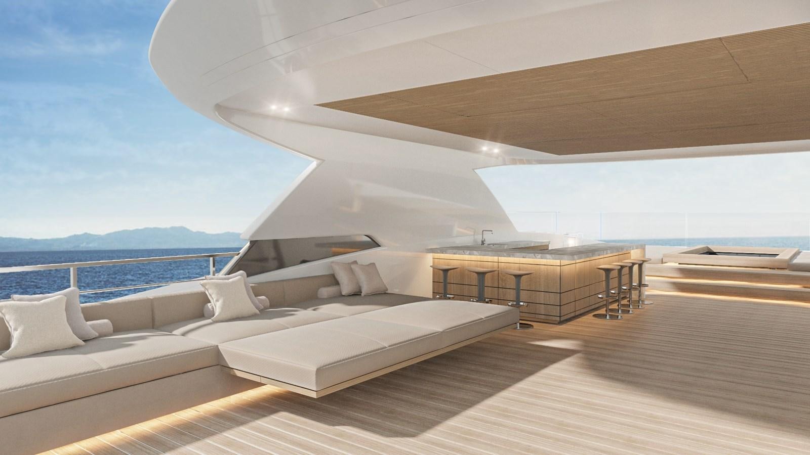 a room with a bed and a table aboard CONRAD C144S HULL #4 Yacht for Sale
